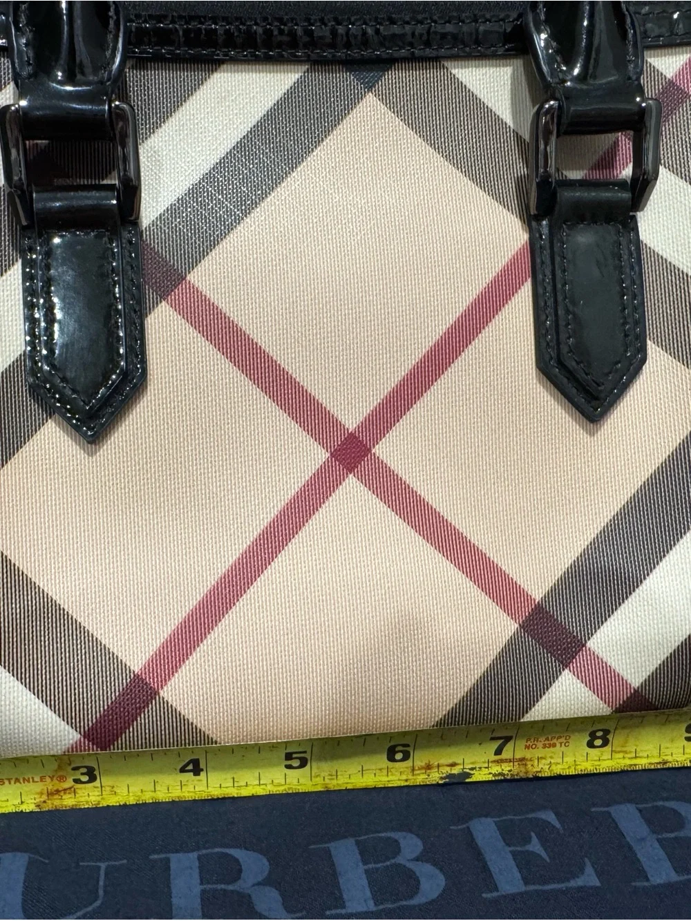 Burberry Beige Check Satchel with Black Patent Handles and Maroon Accents